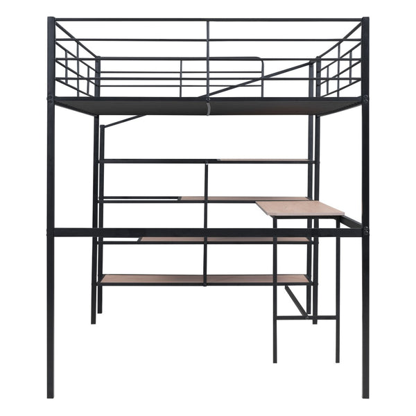 HomeRoots Black Loft Bed with Desk and Shelves – Stylish, Sturdy Metal Frame for Space Optimization and Functionality 590357