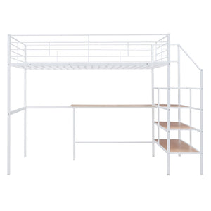 HomeRoots White Loft Bed with Integrated Desk & Shelves – Modern Space-Saving Full/Double Platform Solution 590358