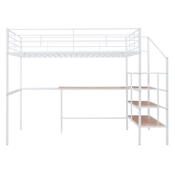 HomeRoots White Loft Bed with Integrated Desk & Shelves – Modern Space-Saving Full/Double Platform Solution 590358