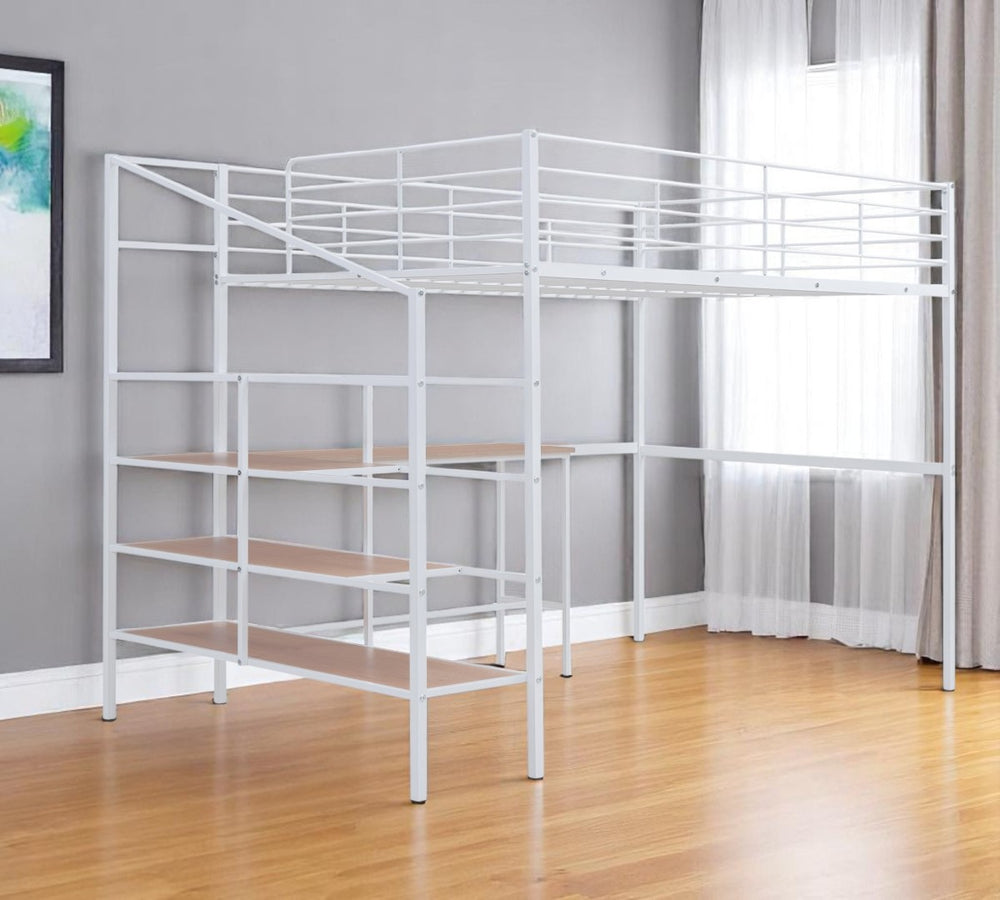 HomeRoots White Loft Bed with Integrated Desk & Shelves – Modern Space-Saving Full/Double Platform Solution 590358