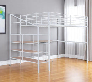 HomeRoots White Loft Bed with Integrated Desk & Shelves – Modern Space-Saving Full/Double Platform Solution 590358