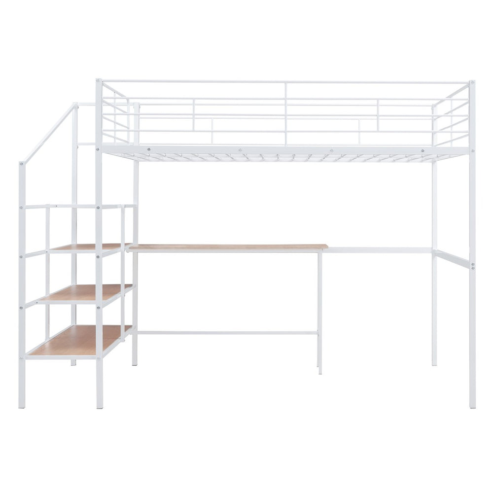 HomeRoots White Loft Bed with Integrated Desk & Shelves – Modern Space-Saving Full/Double Platform Solution 590358