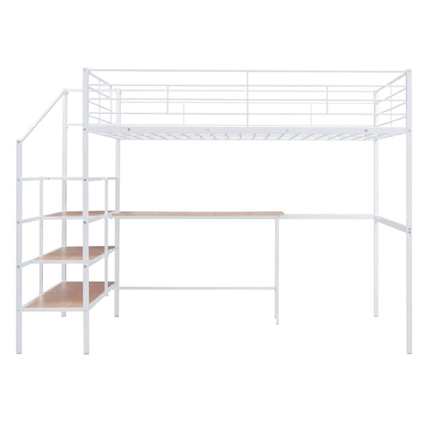 HomeRoots White Loft Bed with Integrated Desk & Shelves – Modern Space-Saving Full/Double Platform Solution 590358