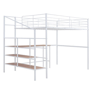 HomeRoots White Loft Bed with Integrated Desk & Shelves – Modern Space-Saving Full/Double Platform Solution 590358