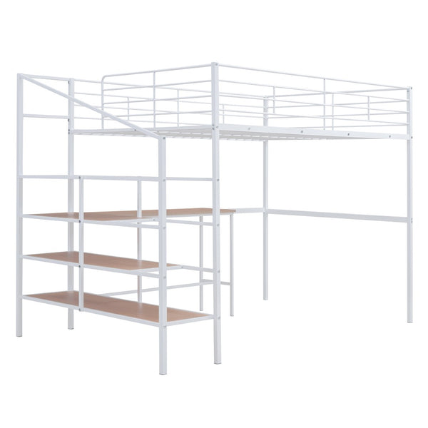 HomeRoots White Loft Bed with Integrated Desk & Shelves – Modern Space-Saving Full/Double Platform Solution 590358
