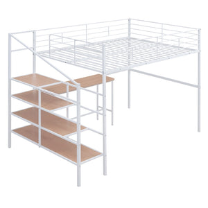 HomeRoots White Loft Bed with Integrated Desk & Shelves – Modern Space-Saving Full/Double Platform Solution 590358