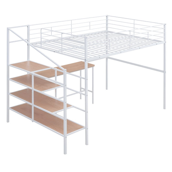 HomeRoots White Loft Bed with Integrated Desk & Shelves – Modern Space-Saving Full/Double Platform Solution 590358