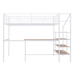HomeRoots White Loft Bed with Integrated Desk & Shelves – Modern Space-Saving Full/Double Platform Solution 590358