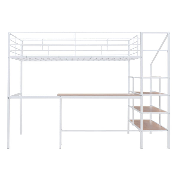 HomeRoots White Loft Bed with Integrated Desk & Shelves – Modern Space-Saving Full/Double Platform Solution 590358