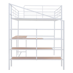 HomeRoots White Loft Bed with Integrated Desk & Shelves – Modern Space-Saving Full/Double Platform Solution 590358