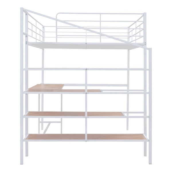 HomeRoots White Loft Bed with Integrated Desk & Shelves – Modern Space-Saving Full/Double Platform Solution 590358