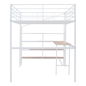 HomeRoots White Loft Bed with Integrated Desk & Shelves – Modern Space-Saving Full/Double Platform Solution 590358