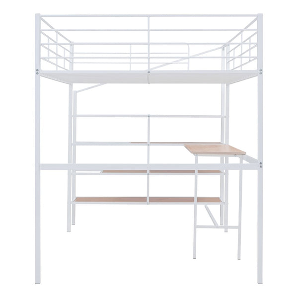 HomeRoots White Loft Bed with Integrated Desk & Shelves – Modern Space-Saving Full/Double Platform Solution 590358