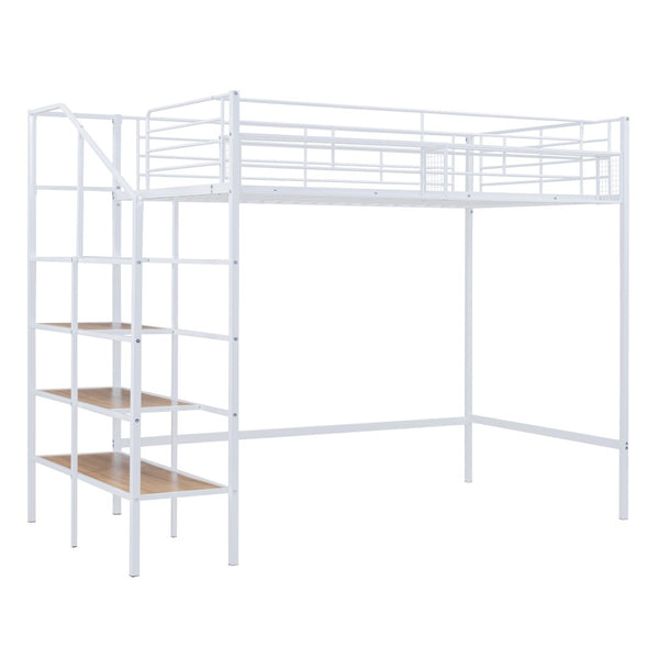 HomeRoots White Loft Bed - Space-Saving Twin Metal Frame with Shelves for Modern Bedrooms and Play Areas 590359
