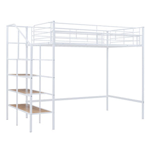 HomeRoots White Loft Bed - Space-Saving Twin Metal Frame with Shelves for Modern Bedrooms and Play Areas 590359