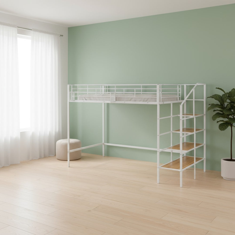 HomeRoots White Loft Bed - Space-Saving Twin Metal Frame with Shelves for Modern Bedrooms and Play Areas 590359