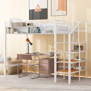 HomeRoots White Loft Bed - Space-Saving Twin Metal Frame with Shelves for Modern Bedrooms and Play Areas 590359