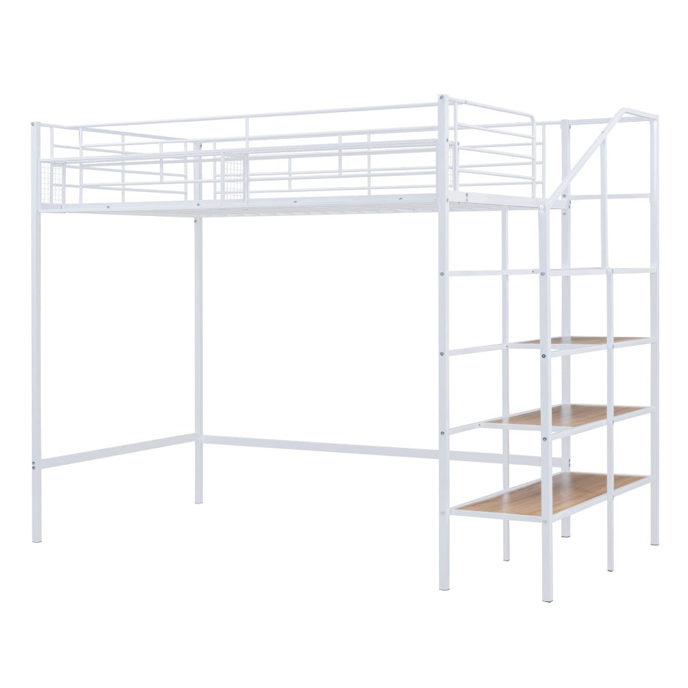 HomeRoots White Loft Bed - Space-Saving Twin Metal Frame with Shelves for Modern Bedrooms and Play Areas 590359
