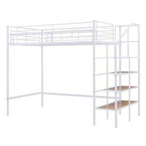 HomeRoots White Loft Bed - Space-Saving Twin Metal Frame with Shelves for Modern Bedrooms and Play Areas 590359