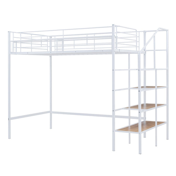 HomeRoots White Loft Bed - Space-Saving Twin Metal Frame with Shelves for Modern Bedrooms and Play Areas 590359