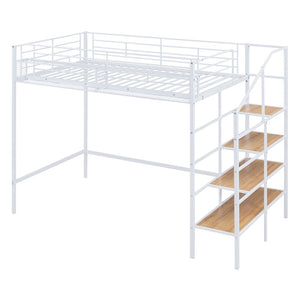 HomeRoots White Loft Bed - Space-Saving Twin Metal Frame with Shelves for Modern Bedrooms and Play Areas 590359