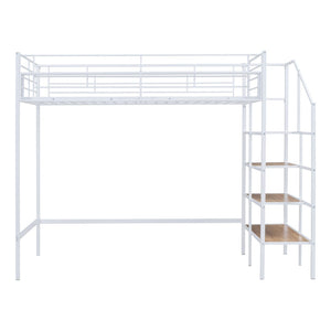 HomeRoots White Loft Bed - Space-Saving Twin Metal Frame with Shelves for Modern Bedrooms and Play Areas 590359