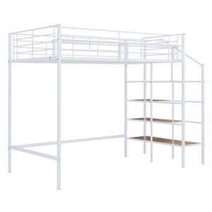 HomeRoots White Loft Bed - Space-Saving Twin Metal Frame with Shelves for Modern Bedrooms and Play Areas 590359