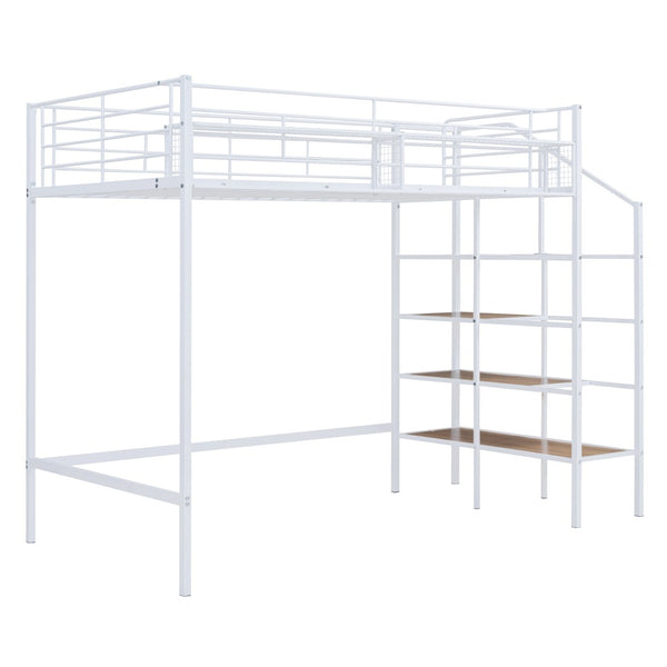 HomeRoots White Loft Bed - Space-Saving Twin Metal Frame with Shelves for Modern Bedrooms and Play Areas 590359