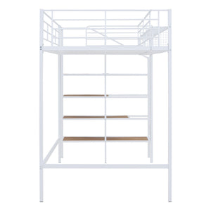 HomeRoots White Loft Bed - Space-Saving Twin Metal Frame with Shelves for Modern Bedrooms and Play Areas 590359