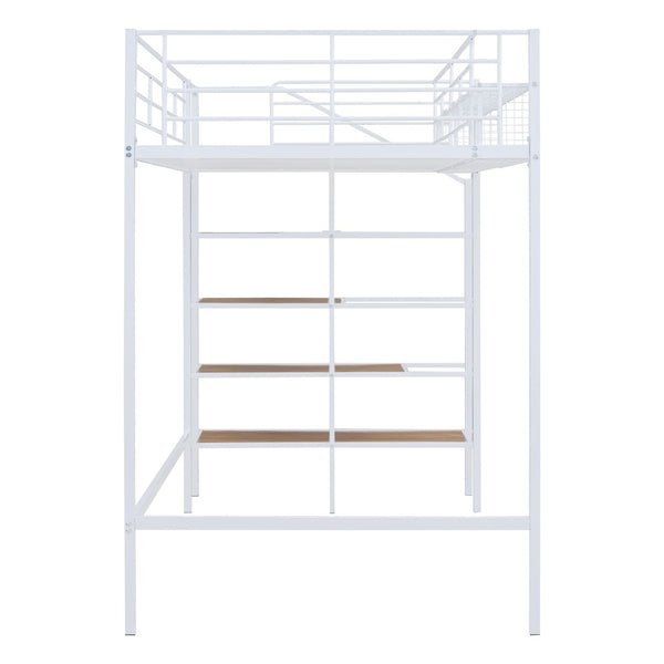 HomeRoots White Loft Bed - Space-Saving Twin Metal Frame with Shelves for Modern Bedrooms and Play Areas 590359