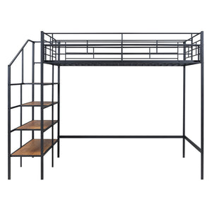 HomeRoots Black Loft Bed with Shelves - Modern Full/Double Metal & Wood Design for Space-Saving Comfort 590360