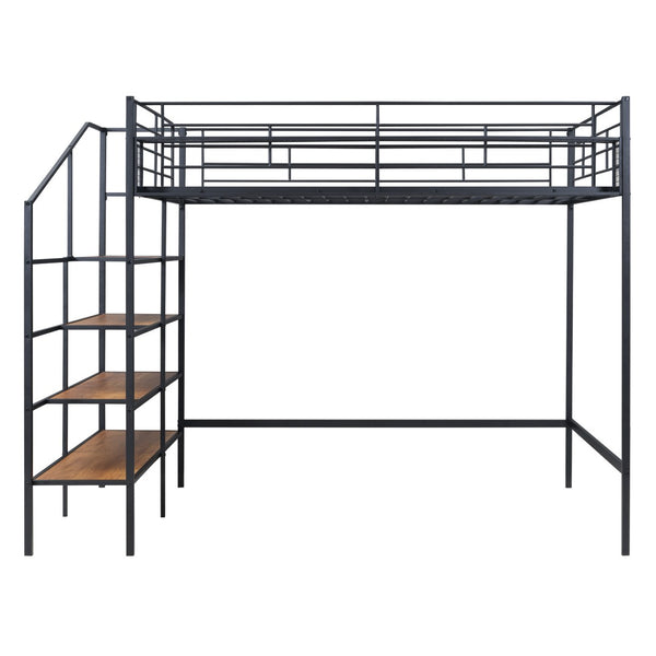 HomeRoots Black Loft Bed with Shelves - Modern Full/Double Metal & Wood Design for Space-Saving Comfort 590360