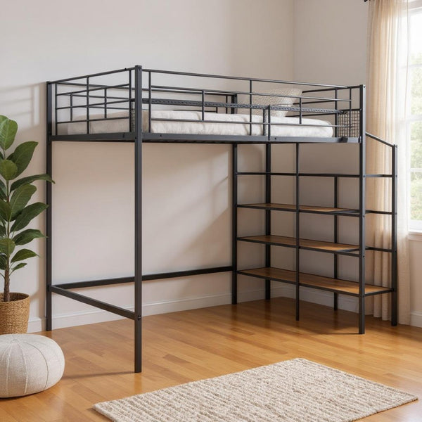 HomeRoots Black Loft Bed with Shelves - Modern Full/Double Metal & Wood Design for Space-Saving Comfort 590360