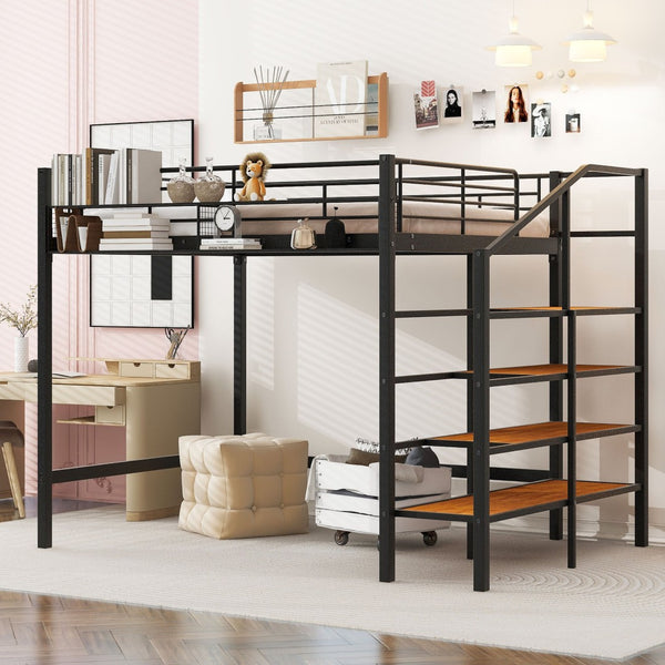 HomeRoots Black Loft Bed with Shelves - Modern Full/Double Metal & Wood Design for Space-Saving Comfort 590360