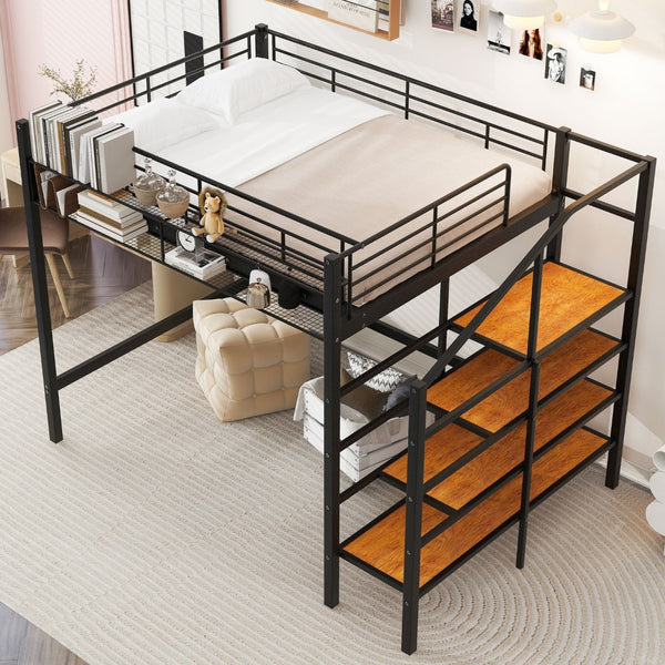 HomeRoots Black Loft Bed with Shelves - Modern Full/Double Metal & Wood Design for Space-Saving Comfort 590360