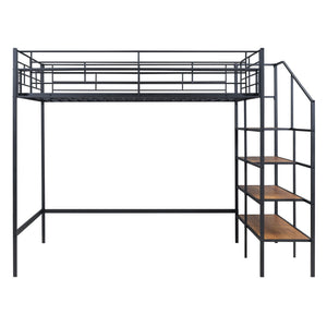 HomeRoots Black Loft Bed with Shelves - Modern Full/Double Metal & Wood Design for Space-Saving Comfort 590360