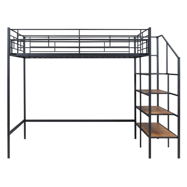 HomeRoots Black Loft Bed with Shelves - Modern Full/Double Metal & Wood Design for Space-Saving Comfort 590360