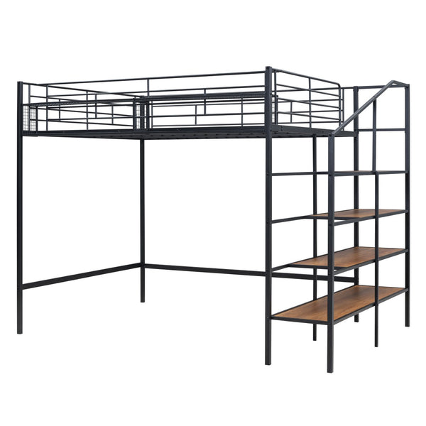 HomeRoots Black Loft Bed with Shelves - Modern Full/Double Metal & Wood Design for Space-Saving Comfort 590360
