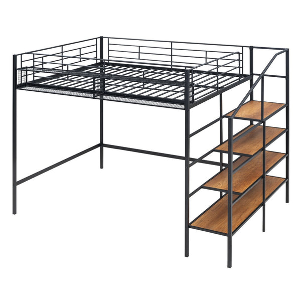 HomeRoots Black Loft Bed with Shelves - Modern Full/Double Metal & Wood Design for Space-Saving Comfort 590360