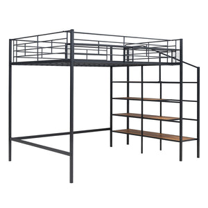 HomeRoots Black Loft Bed with Shelves - Modern Full/Double Metal & Wood Design for Space-Saving Comfort 590360