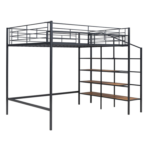 HomeRoots Black Loft Bed with Shelves - Modern Full/Double Metal & Wood Design for Space-Saving Comfort 590360