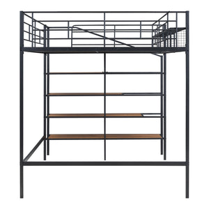 HomeRoots Black Loft Bed with Shelves - Modern Full/Double Metal & Wood Design for Space-Saving Comfort 590360