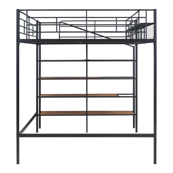 HomeRoots Black Loft Bed with Shelves - Modern Full/Double Metal & Wood Design for Space-Saving Comfort 590360