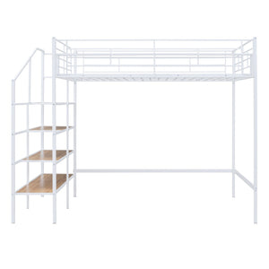 HomeRoots White Platform Loft Bed with Shelves - Modern Metal & Wood Design for Space-Saving Comfort & Style! 590361