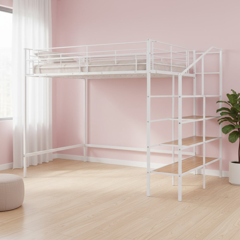 HomeRoots White Platform Loft Bed with Shelves - Modern Metal & Wood Design for Space-Saving Comfort & Style! 590361