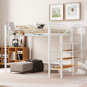 HomeRoots White Platform Loft Bed with Shelves - Modern Metal & Wood Design for Space-Saving Comfort & Style! 590361