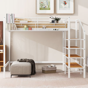 HomeRoots White Platform Loft Bed with Shelves - Modern Metal & Wood Design for Space-Saving Comfort & Style! 590361