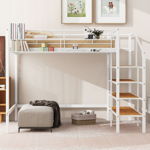 HomeRoots White Platform Loft Bed with Shelves - Modern Metal & Wood Design for Space-Saving Comfort & Style! 590361