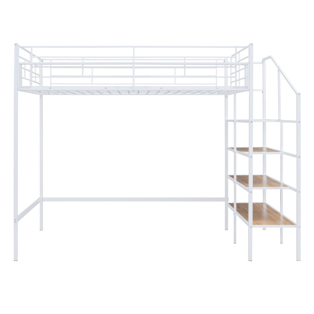 HomeRoots White Platform Loft Bed with Shelves - Modern Metal & Wood Design for Space-Saving Comfort & Style! 590361
