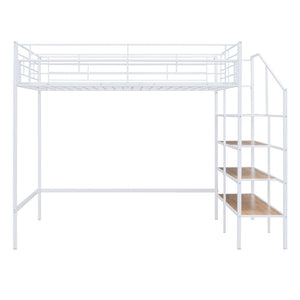 HomeRoots White Platform Loft Bed with Shelves - Modern Metal & Wood Design for Space-Saving Comfort & Style! 590361